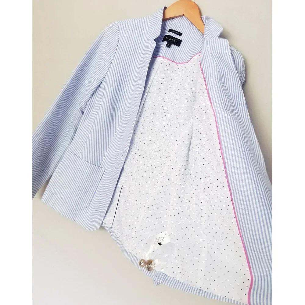 Talbots Light Blue White Stripe Lightweight Blazer Jacket 6 Linen Cotton $159 - Picture 16 of 16